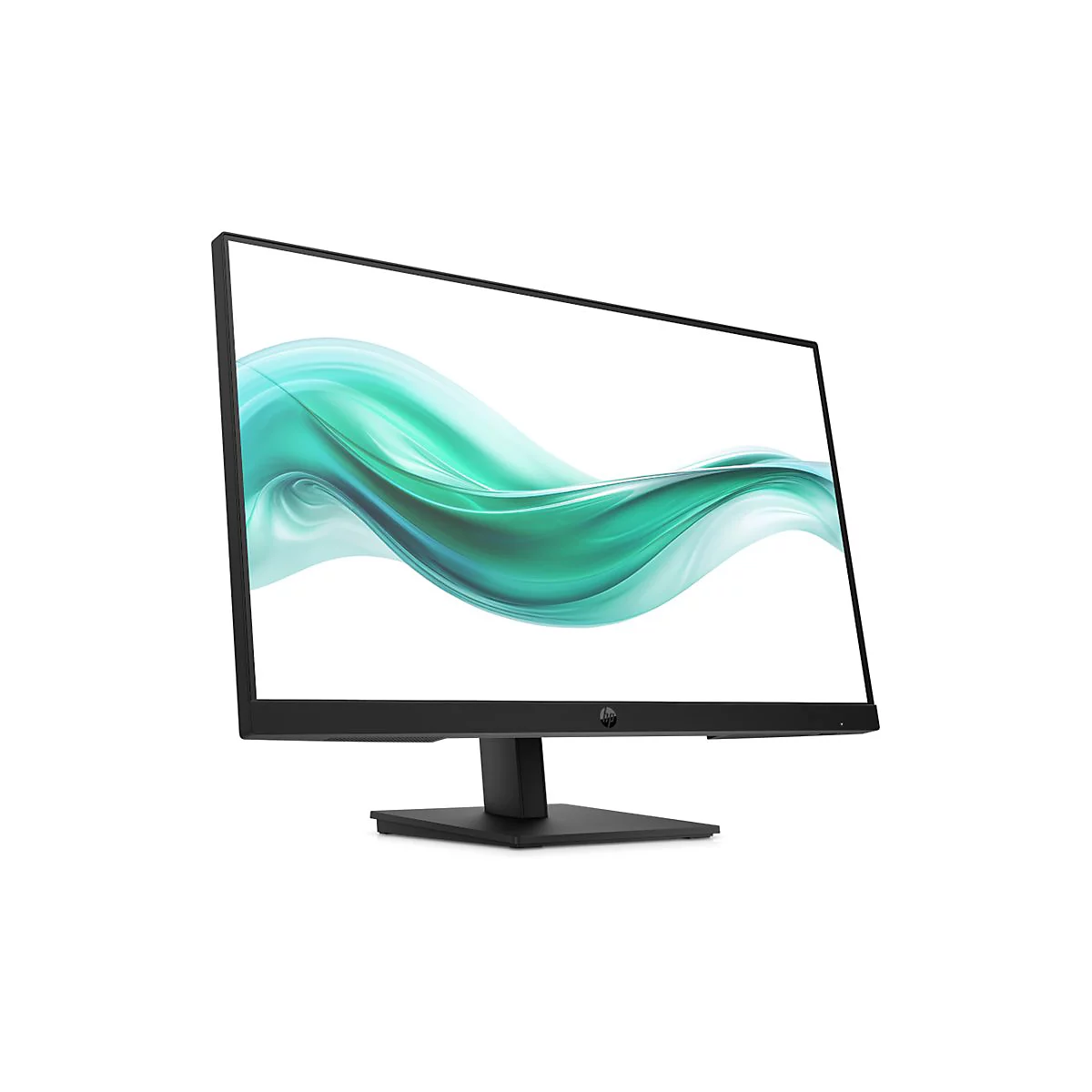 Schwarzer HP Monitor mit schlankem Rahmen und türkisfarbener, abstrakter Wellengrafik auf dem Bildschirm.