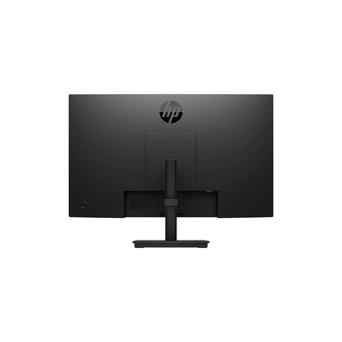 Rückseite eines schwarzen HP-Monitors mit mittigem Standfuß vor weißem Hintergrund.