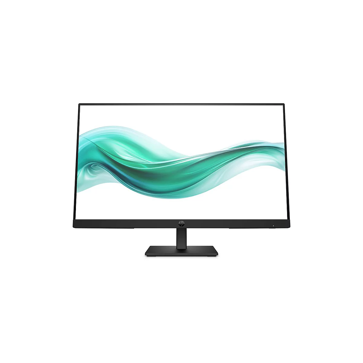 Schwarzer HP Monitor mit rahmenlosem Display und türkisfarbenem Wellenmuster auf weißem Hintergrund.