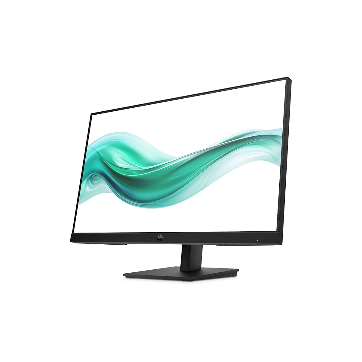 Schwarzer HP Monitor mit dünnen Rändern und wellenförmigem türkisem Grafikdesign auf dem Bildschirm.