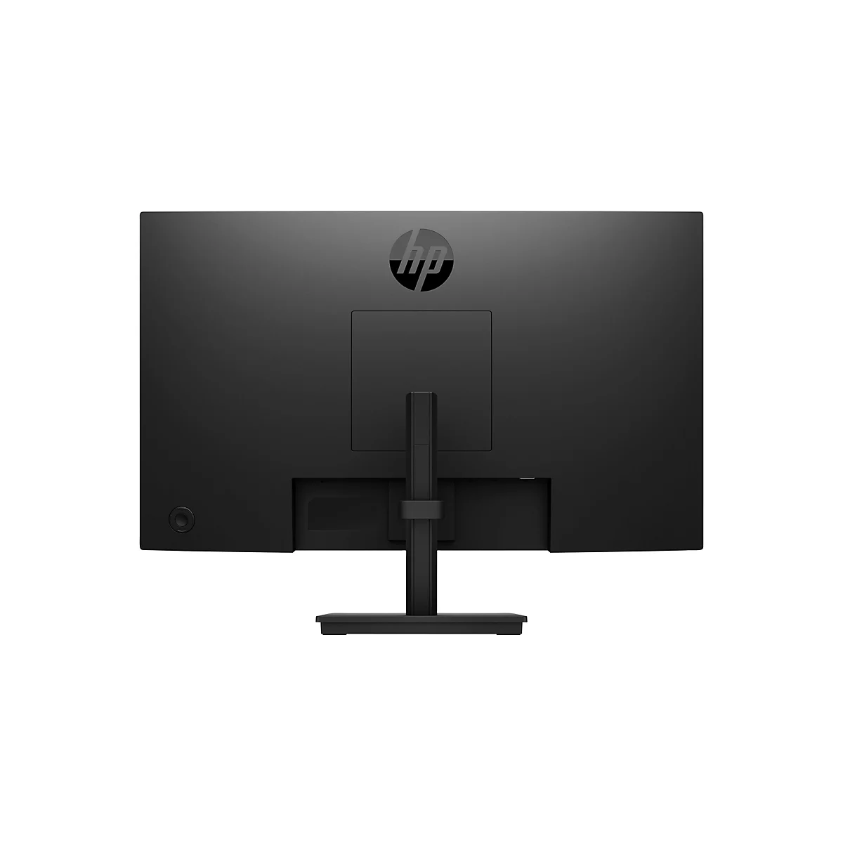 Rückseite eines schwarzen HP-Monitors auf einem Standfuß vor weißem Hintergrund.