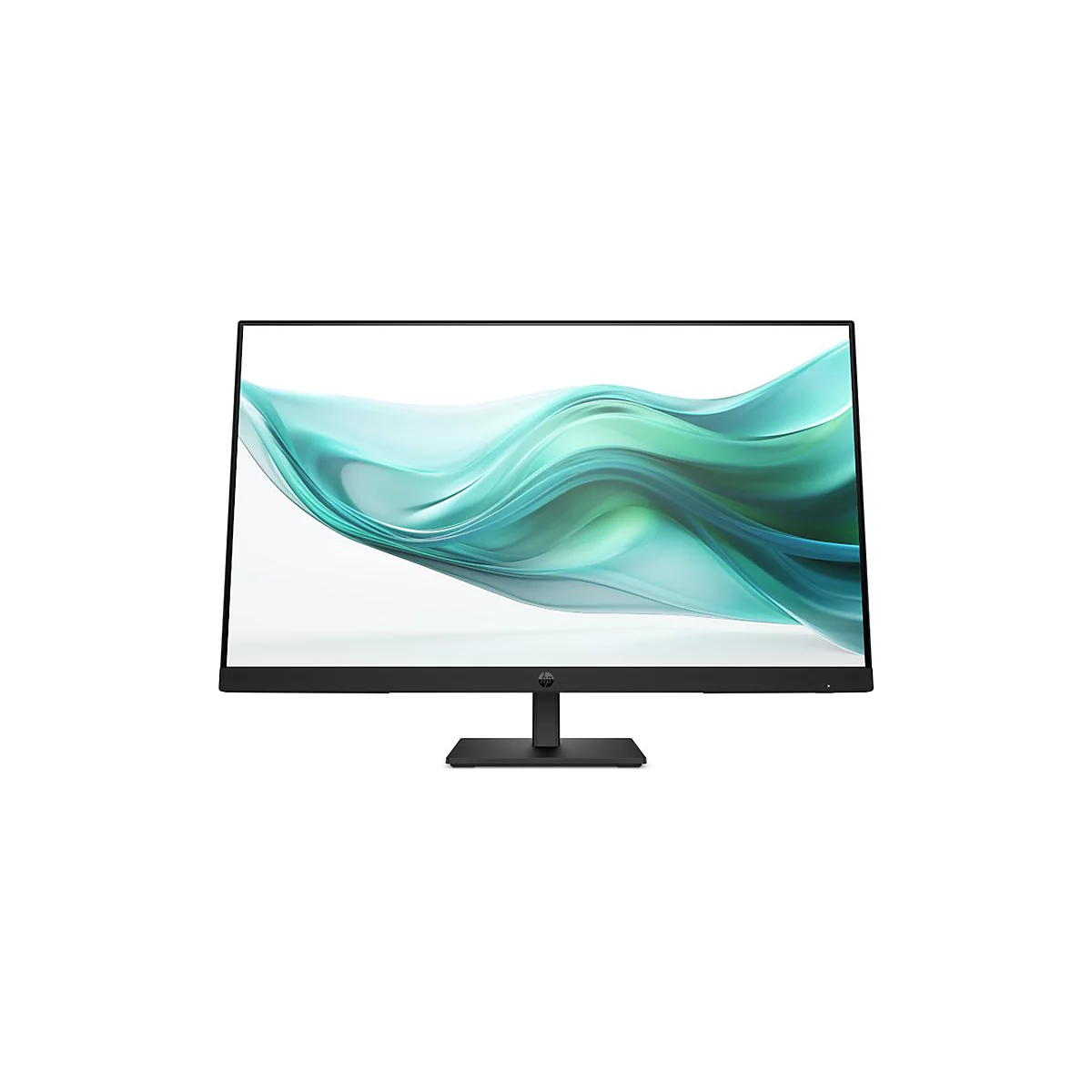 Schwarzer HP Monitor mit dünnem Rahmen vor weißem Hintergrund mit abstraktem, türkisfarbenem Wellenmuster.