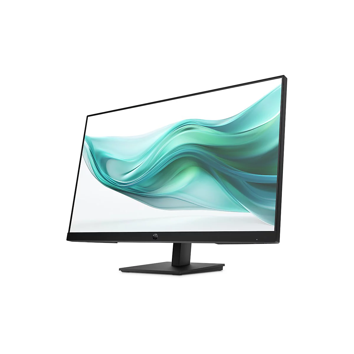 Schwarzer HP Monitor mit schlankem Rahmen und abstraktem, türkisfarbenem Hintergrundbild vor weißem Hintergrund.