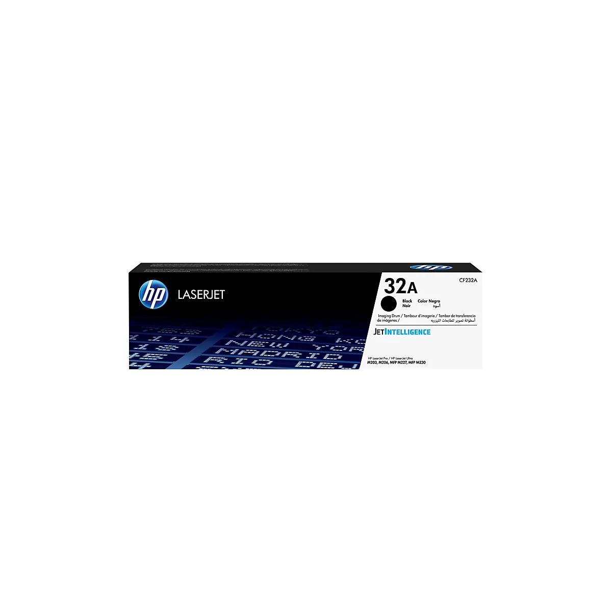 Eine schwarze HP LaserJet Tonerkartusche, 32A, vor weißem Hintergrund. Auf der Verpackung sind Schriftzüge und Logos zu sehen.