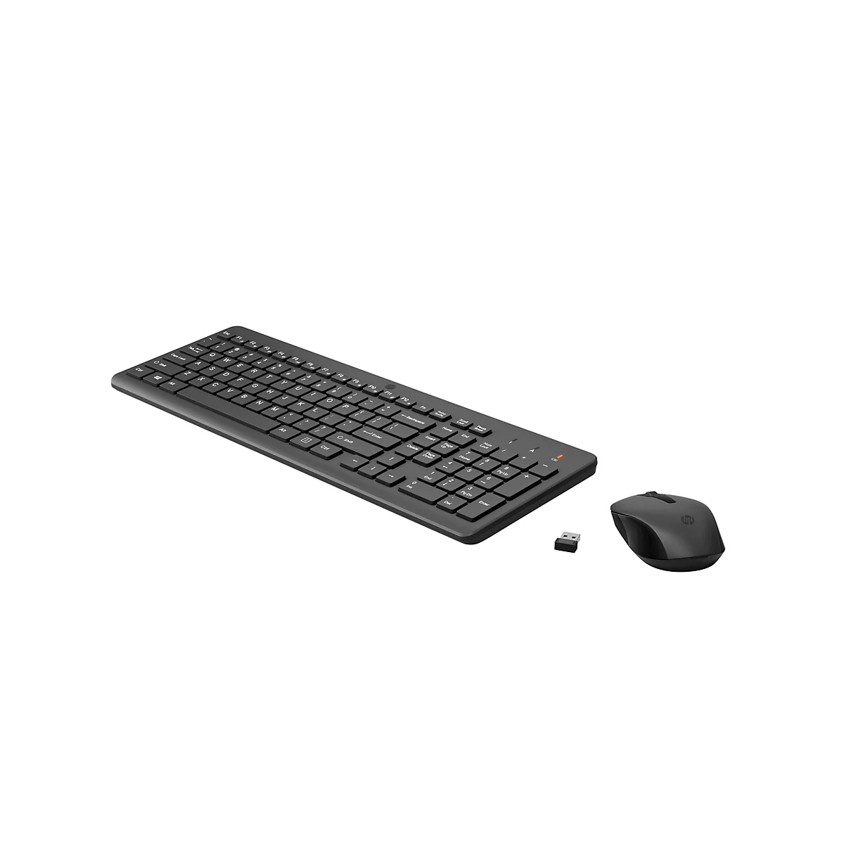 Schwarze kabellose HP Tastatur mit Maus und USB-Empfänger auf weißem Hintergrund.