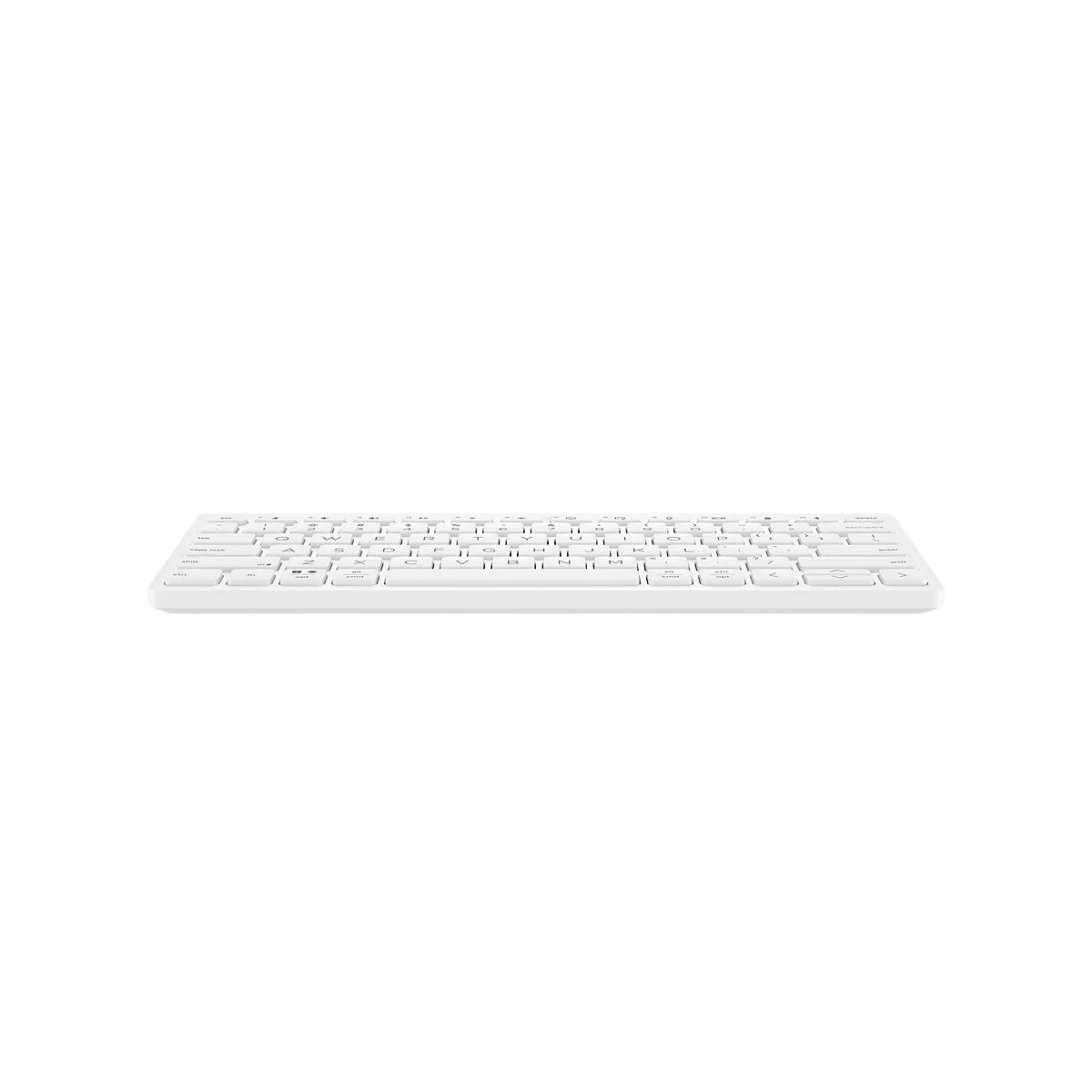 Weiße, kabellose Tastatur in Flachbauweise vor weißem Hintergrund.