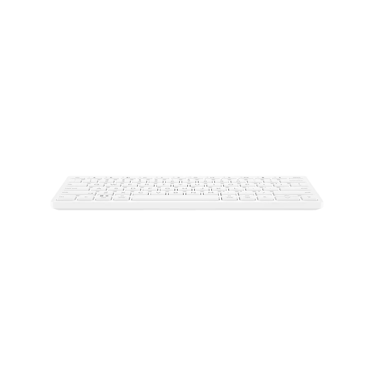 Weiße flache Tastatur von vorne vor weißem Hintergrund.
