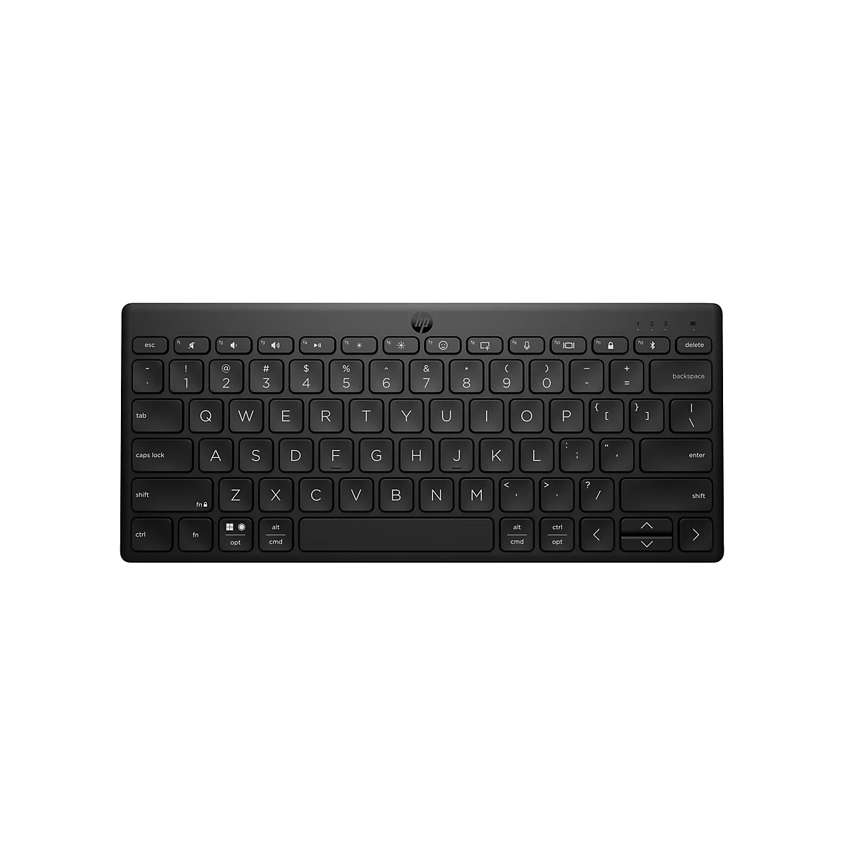 Schwarze kabellose HP-Tastatur mit QWERTY-Layout auf weißem Hintergrund.