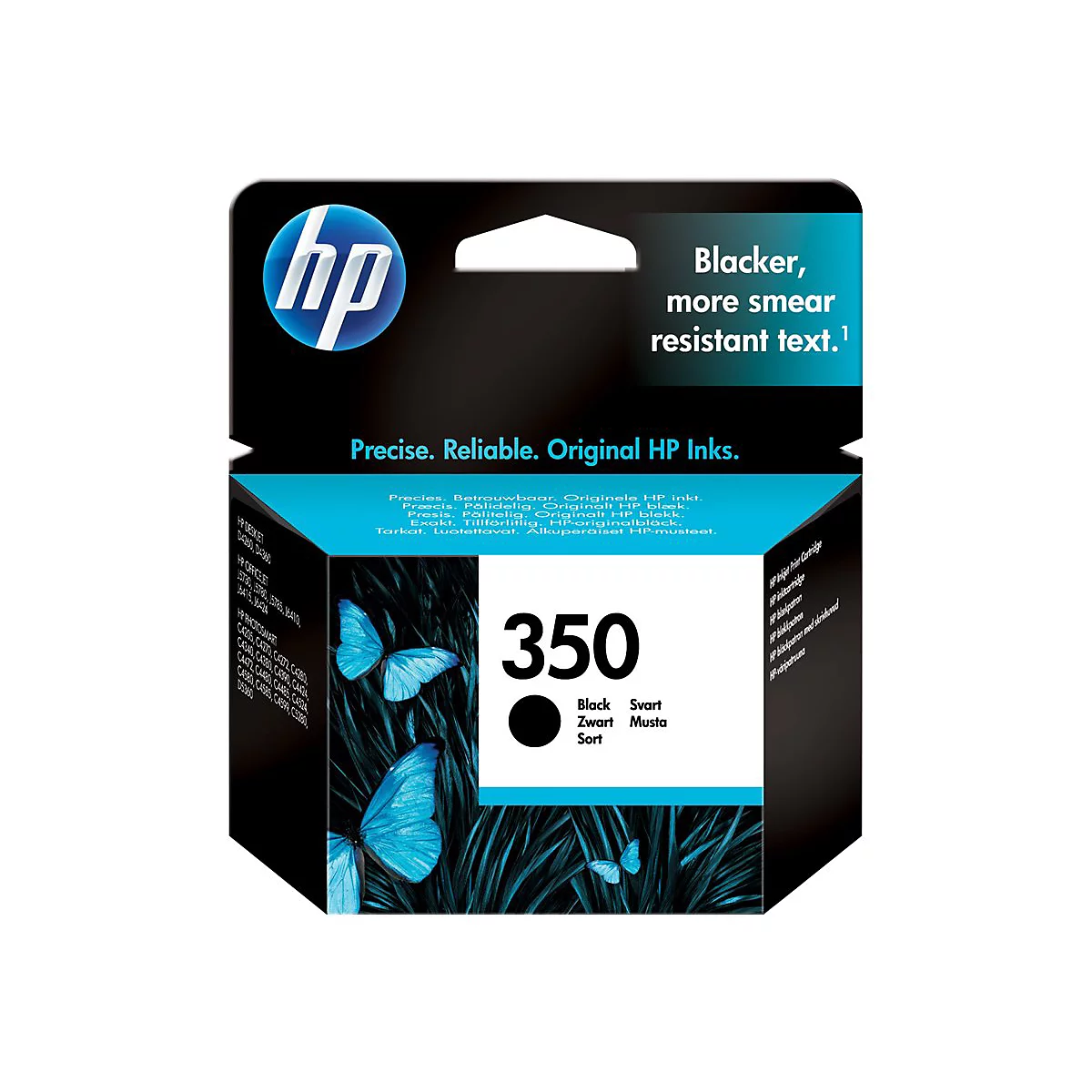 Schwarze HP Tintenpatrone, Packung mit blauen Schmetterlingen, Text: 350, Black, Svart, Sort.