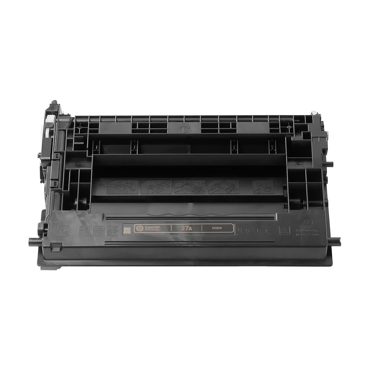 Schwarze Druckerpatrone, HP Laserjet 37A, auf weißem Hintergrund. Auf der Patrone befinden sich verschiedene Markierungen und Hinweise.