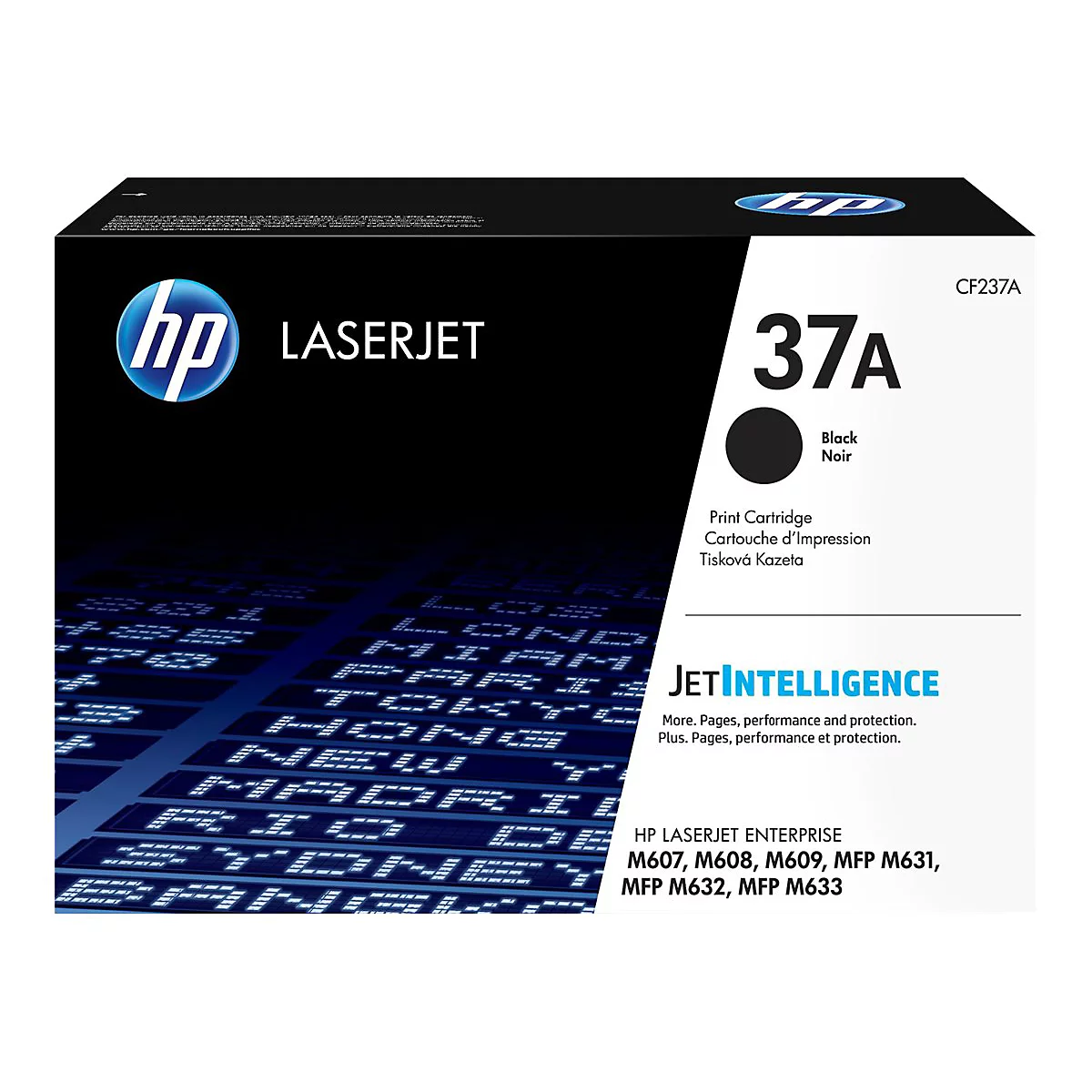 Schwarze HP 37A LaserJet Tonerkartusche. Schwarzer Hintergrund, weisse Schrift, HP Logo, Produktbezeichnung und Drucktechnologie.