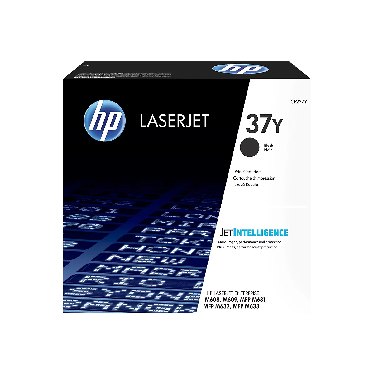Schwarze HP LaserJet Tonerpatrone auf weiÃŸem Hintergrund, mit SchriftzÃ¼gen wie LaserJet, 37Y und JetIntelligence.