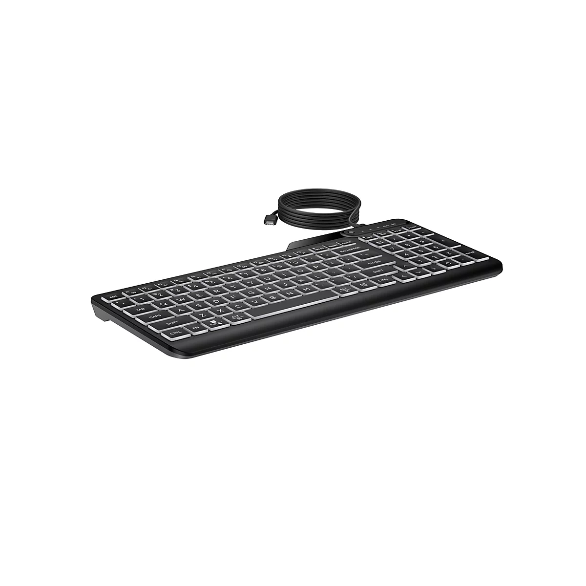 Schwarze, kabelgebundene Tastatur mit weißer Tastenbeschriftung vor weißem Hintergrund.