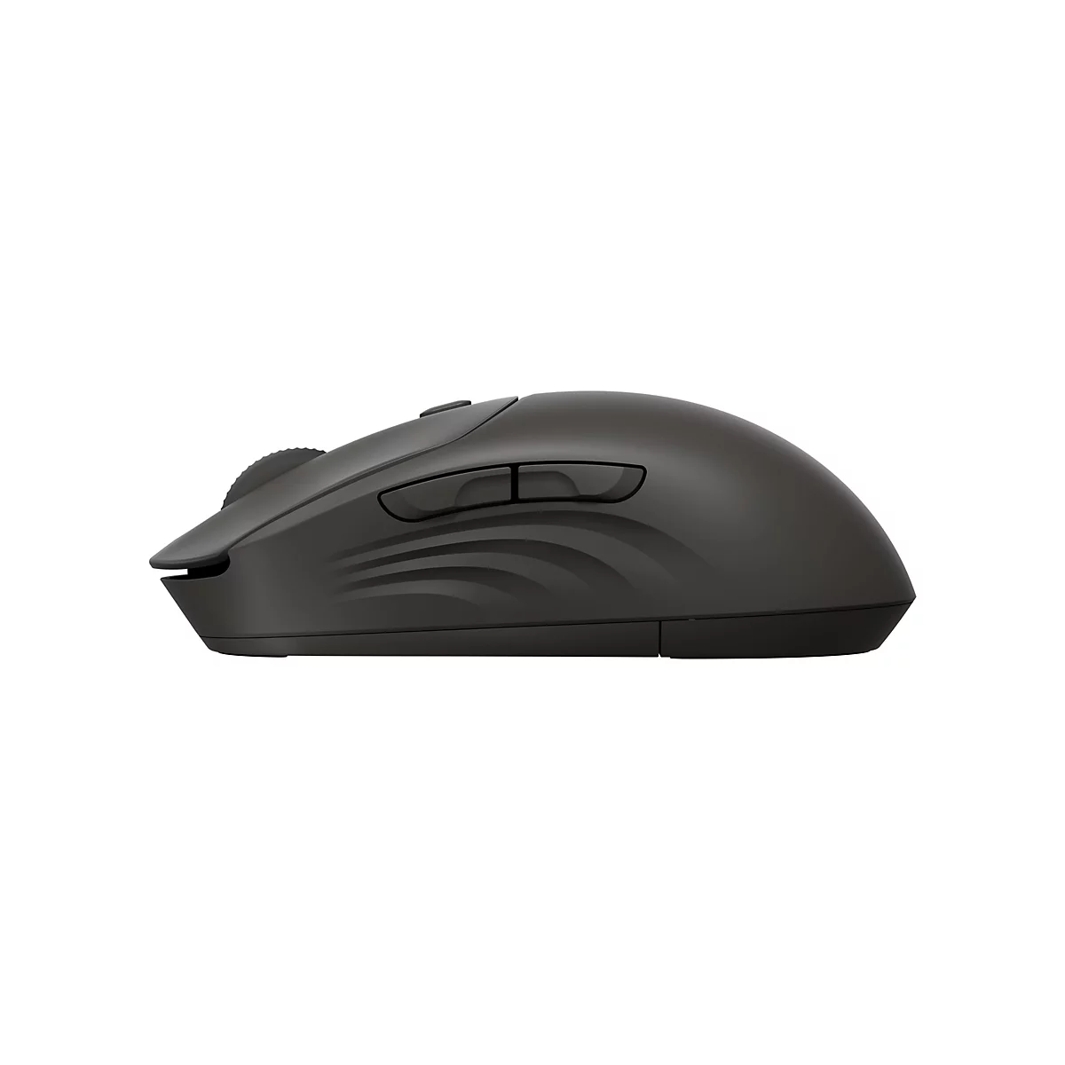 Draufsicht auf eine dunkle, ergonomisch geformte Computermaus, die auf einem weißen Hintergrund isoliert ist. Die Maus hat mehrere Tasten und ein Scrollrad.