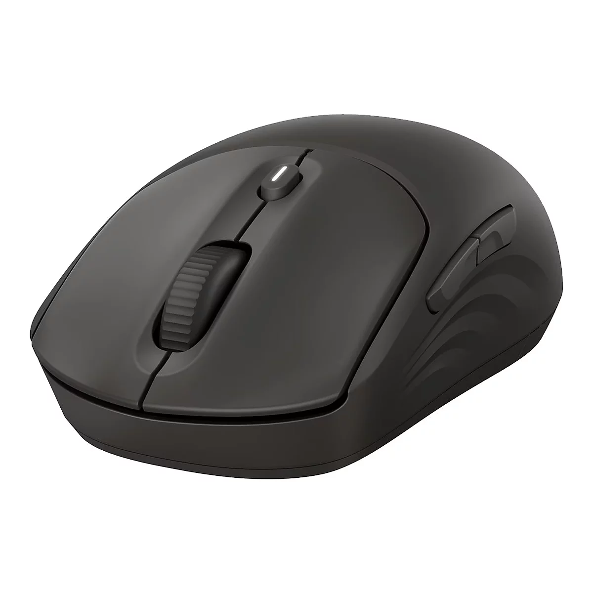 Drahtlose, schwarze Maus. Sie hat eine Form, die gut in der Hand liegt, mit zwei Seitentasten. Auf der Oberseite ein Scrollrad und eine Taste.