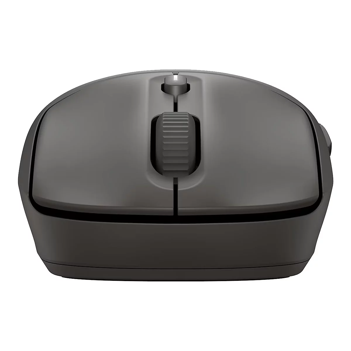 Draufsicht auf eine graue Computermaus, die auf weißem Hintergrund isoliert ist. Sie hat ein Scrollrad und zwei Knöpfe.