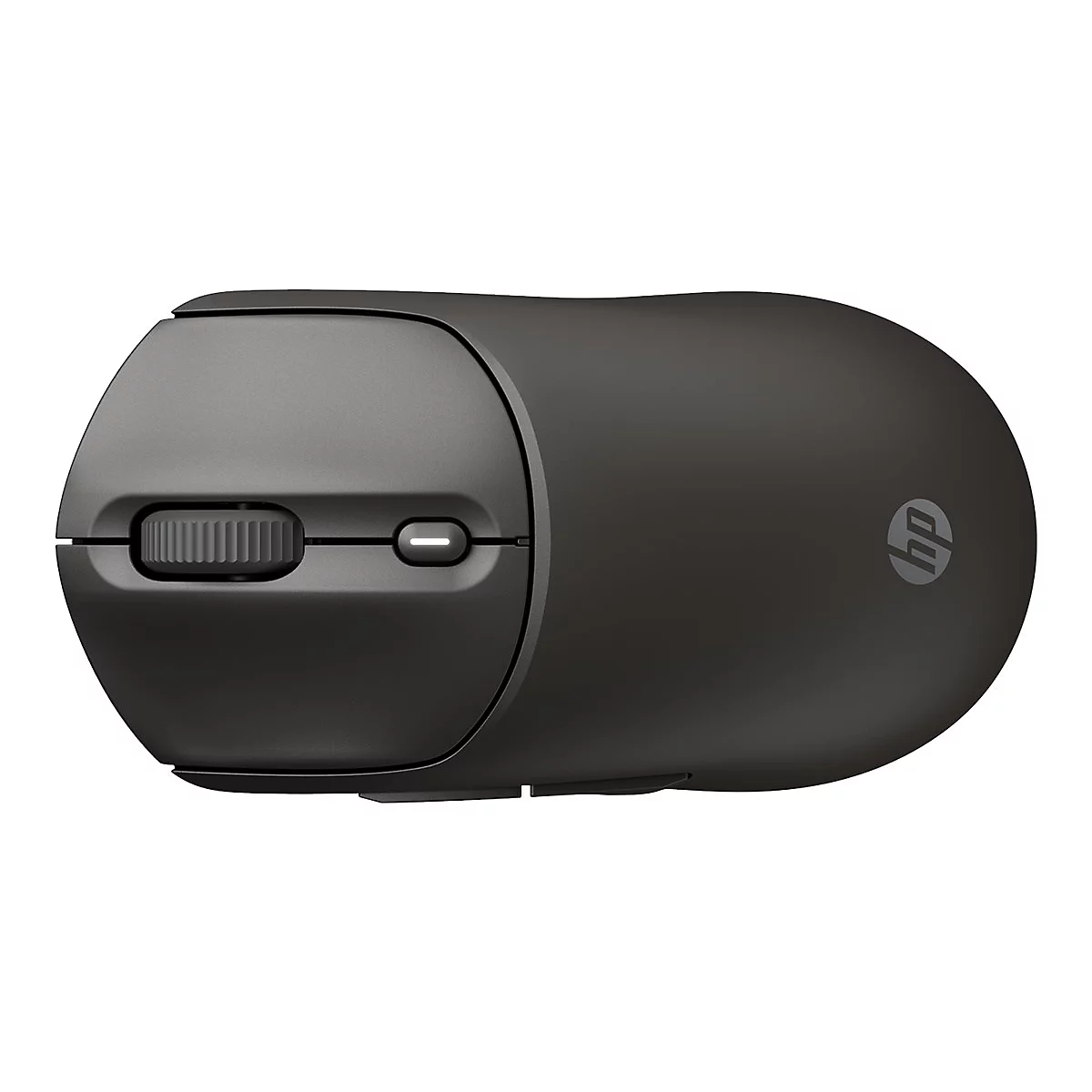 Drahtlose, schwarze HP-Maus, Ansicht von oben, mit Scrollrad und HP-Logo.