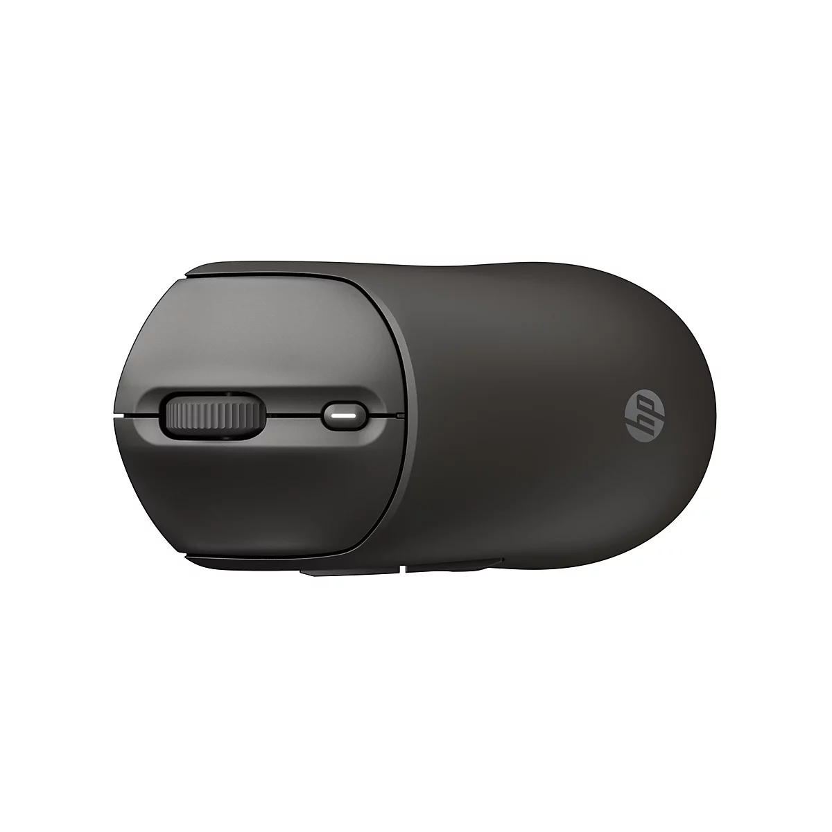 Draufsicht auf eine schwarze HP-Maus mit Scrollrad und HP-Logo.