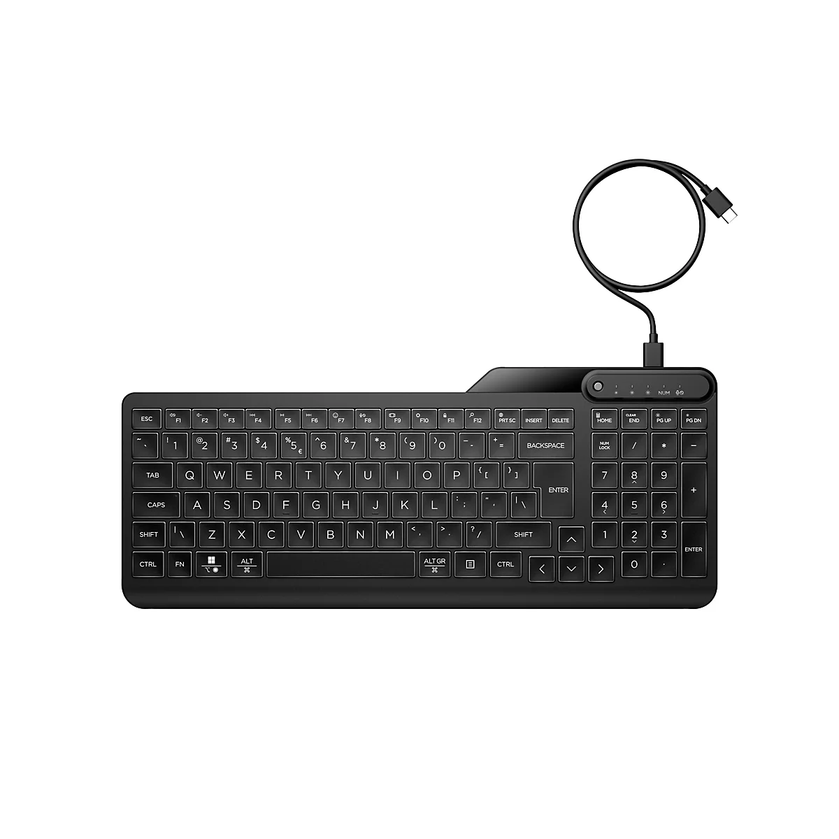 Schwarze kabelgebundene Tastatur mit Ziffernblock, LED-Statusleuchten und USB-C-Anschluss vor weißem Hintergrund.