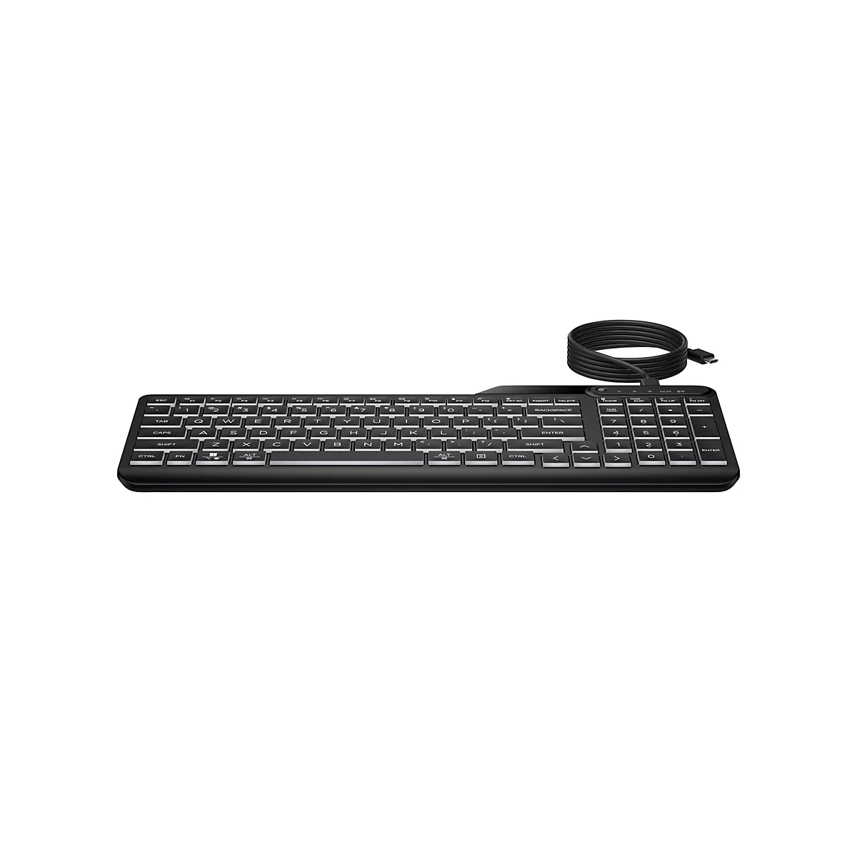 Schwarze, kabelgebundene Computertastatur mit flachen Tasten vor weißem Hintergrund.