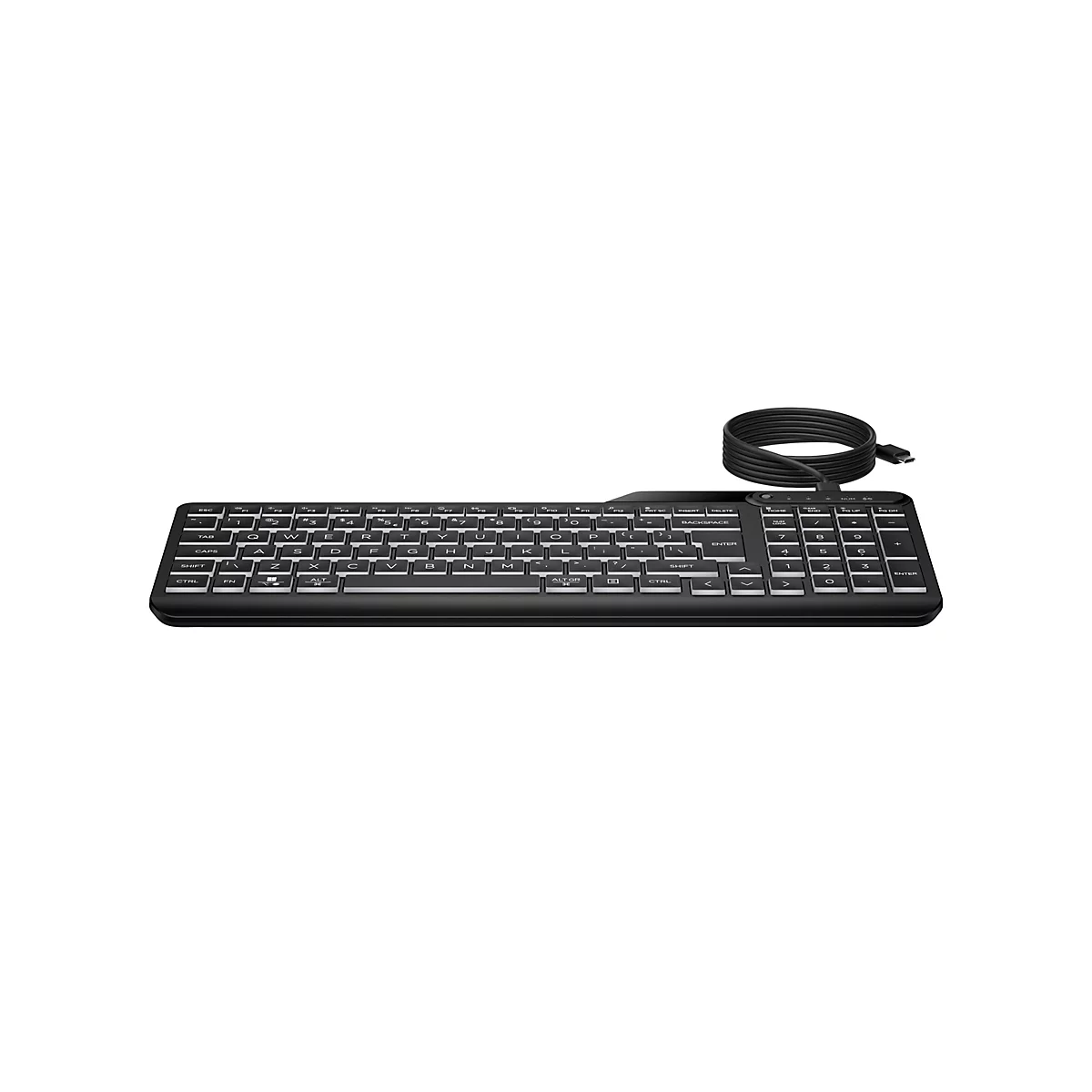 Schwarze, kabelgebundene Tastatur mit flachen Tasten und integriertem Ziffernblock vor weißem Hintergrund.