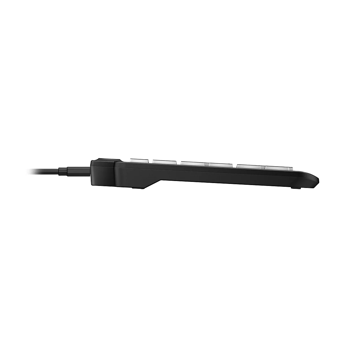 Seitenansicht einer schwarzen, flachen Tastatur mit Kabel vor weißem Hintergrund.