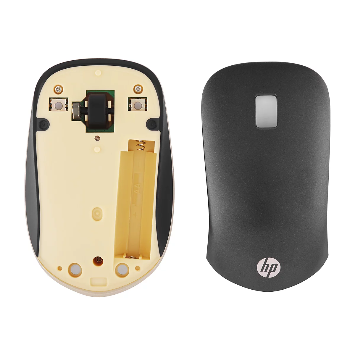 Geöffnete HP Funkmaus mit freiliegendem Innenleben, Batteriefach und separatem Gehäusedeckel auf weißem Hintergrund.