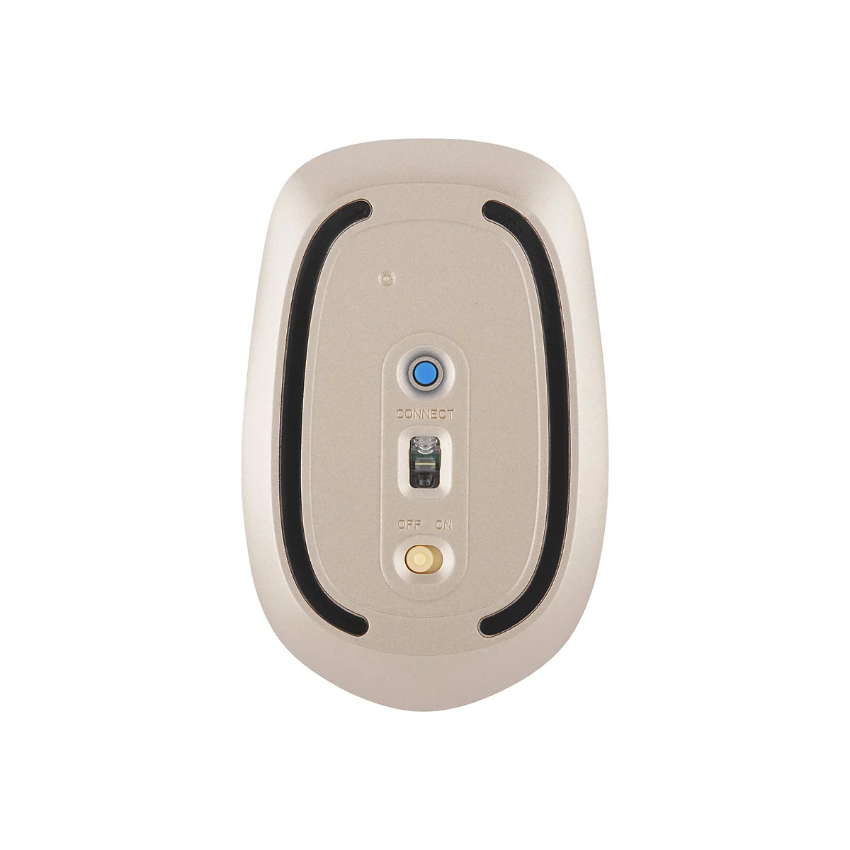 Unterseite einer beigen kabellosen Computermaus mit Sensor, Connect-Taste und Ein-Aus-Schalter.