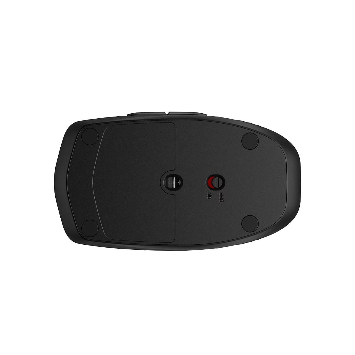 Draufsicht auf eine schwarze Computermaus. Auf der Unterseite befinden sich Ein-/Ausschalter, sowie runde Pads.