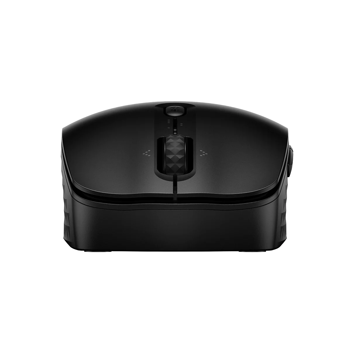 Draufsicht auf eine schwarze Gaming-Maus mit Daumentasten, Scrollrad und DPI-Taste.