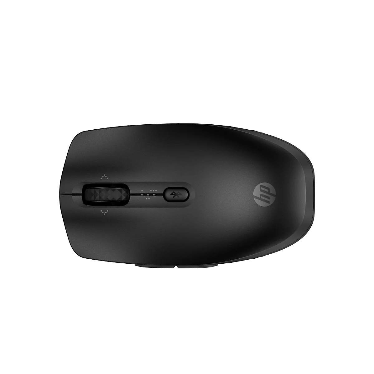 Draufsicht auf eine schwarze HP Maus. Mittig befinden sich ein Scrollrad und Tasten. HP Logo rechts.