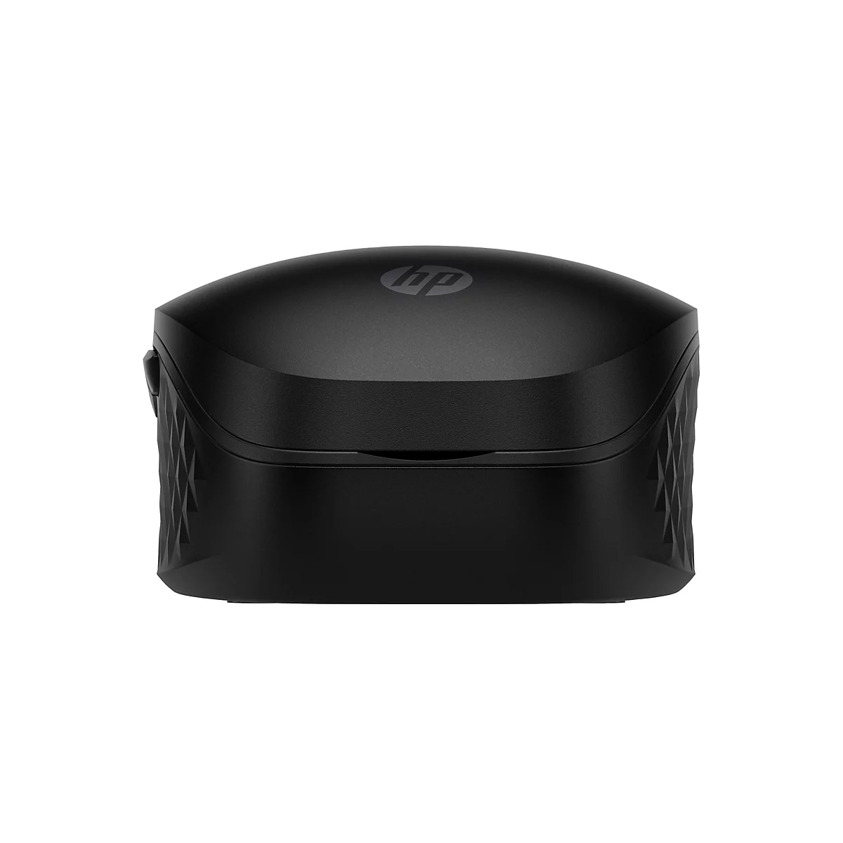 Schwarze, eiförmige HP-Maus auf weißem Hintergrund. Oben das HP-Logo.