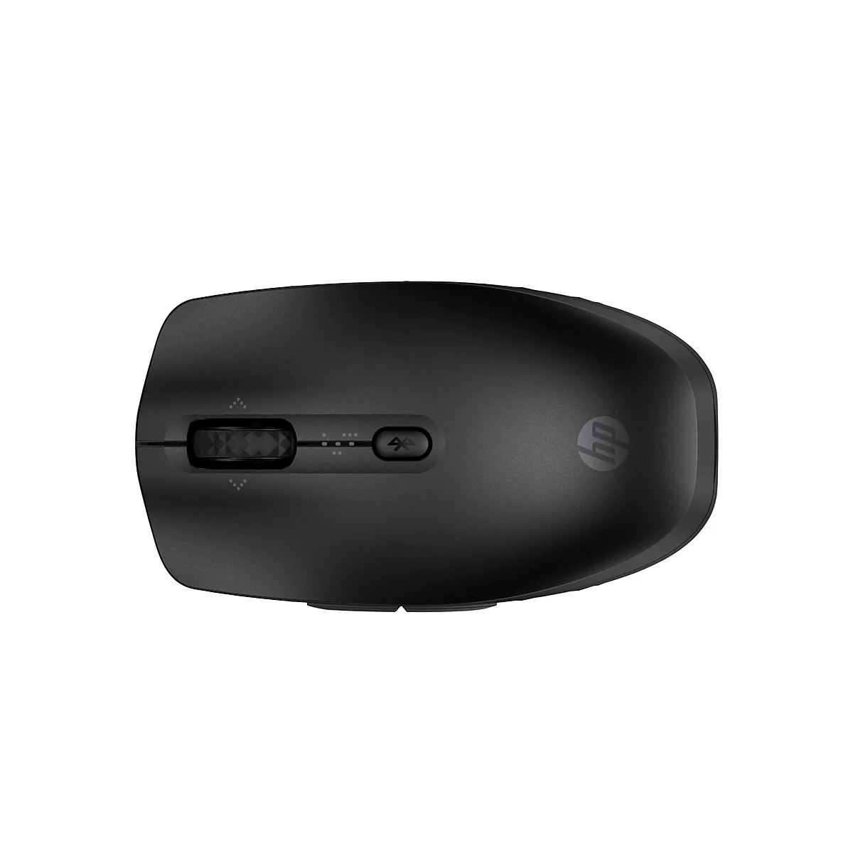 Schwarze kabellose HP-Maus von oben mit Scrollrad, Bluetooth-Taste und HP-Logo.