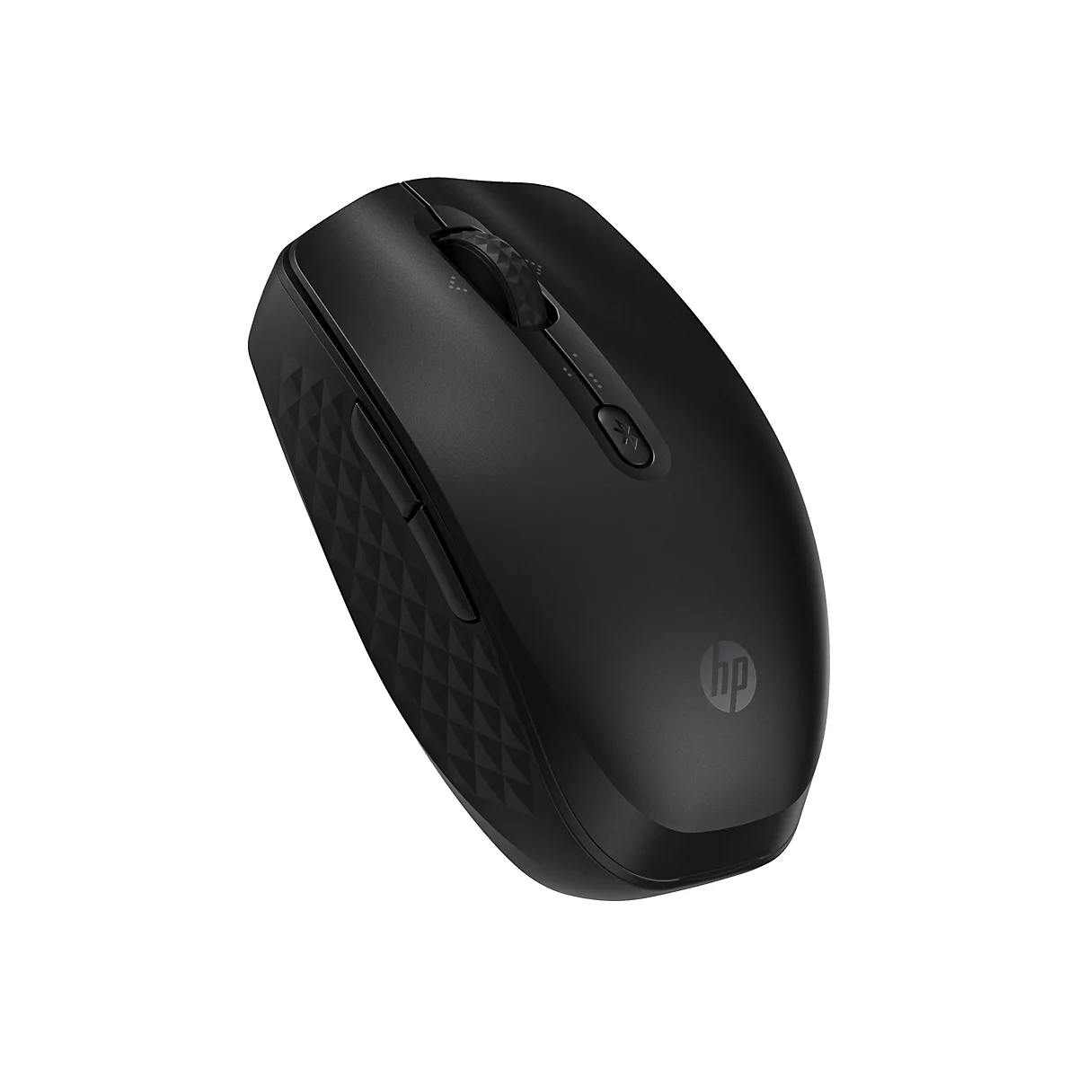 Schwarze HP-Computermaus mit Scrollrad und Logo auf weißem Hintergrund.