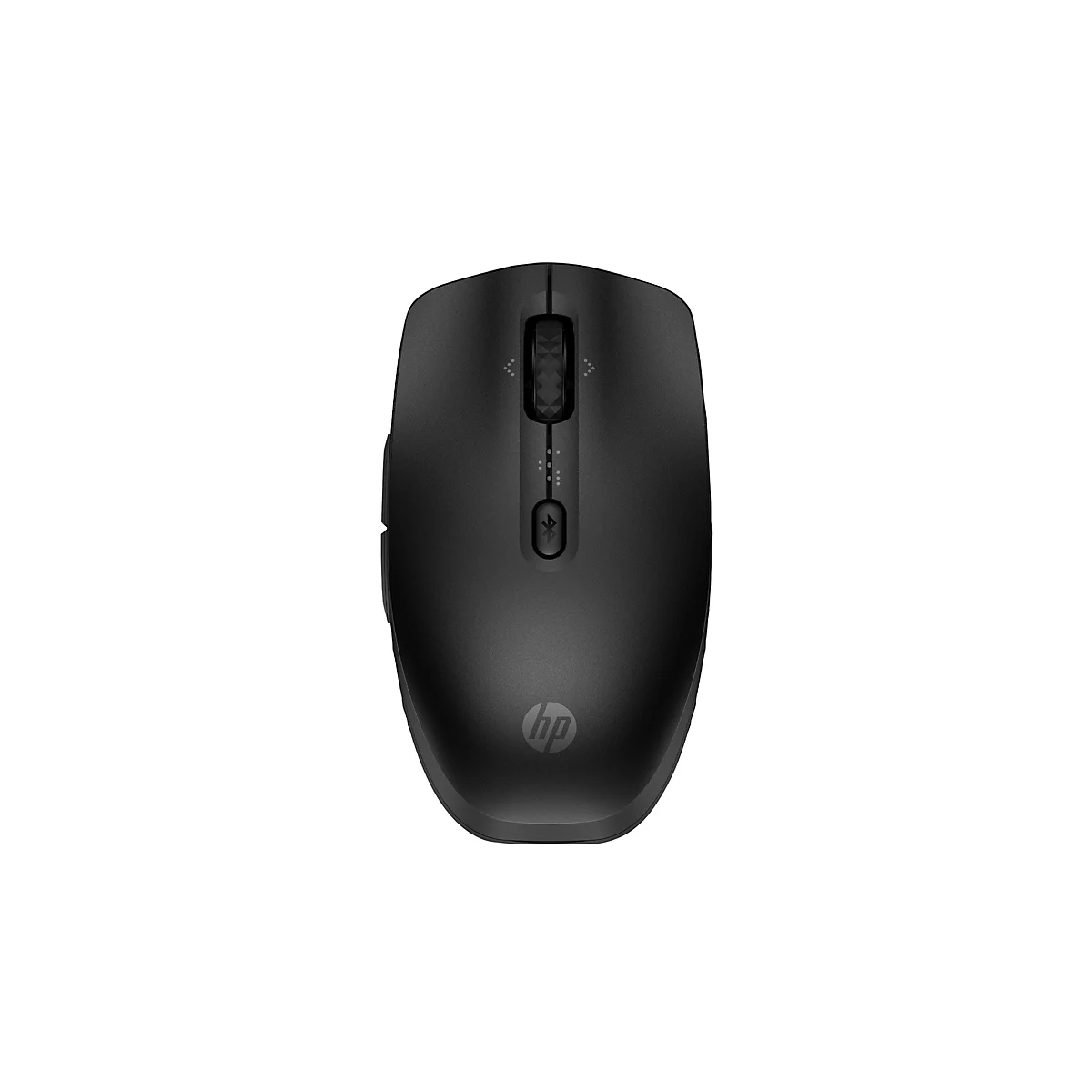 Schwarze kabellose HP-Maus in der Draufsicht auf weißem Hintergrund.