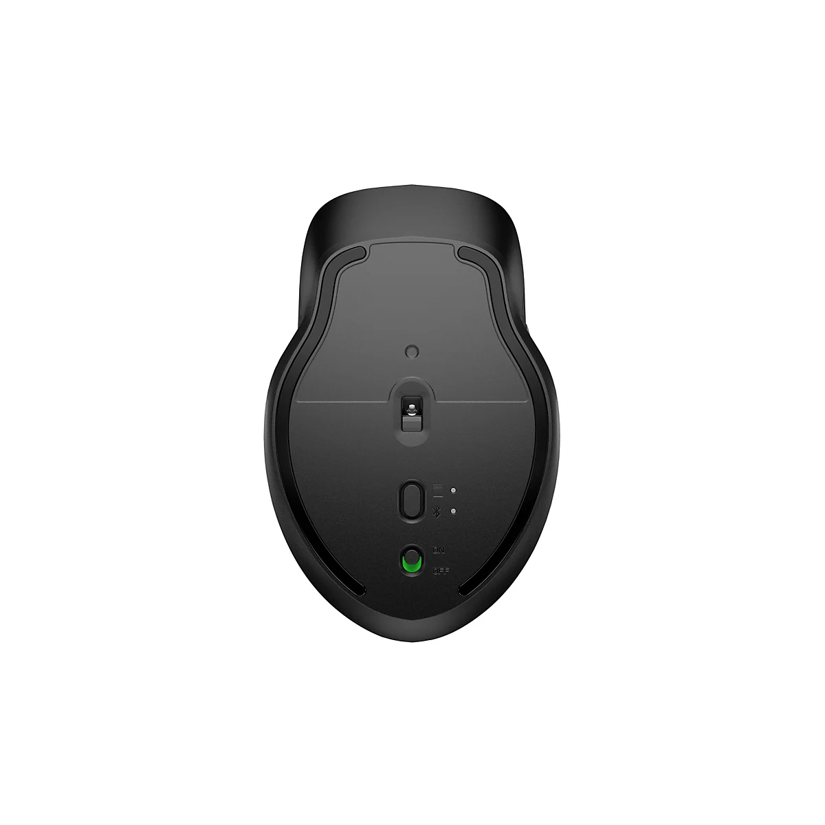Draufsicht auf eine schwarze Computermaus. Auf der Unterseite befinden sich eine Ein/Aus-Taste, eine Bluetooth-Taste und ein Ladeanschluss.