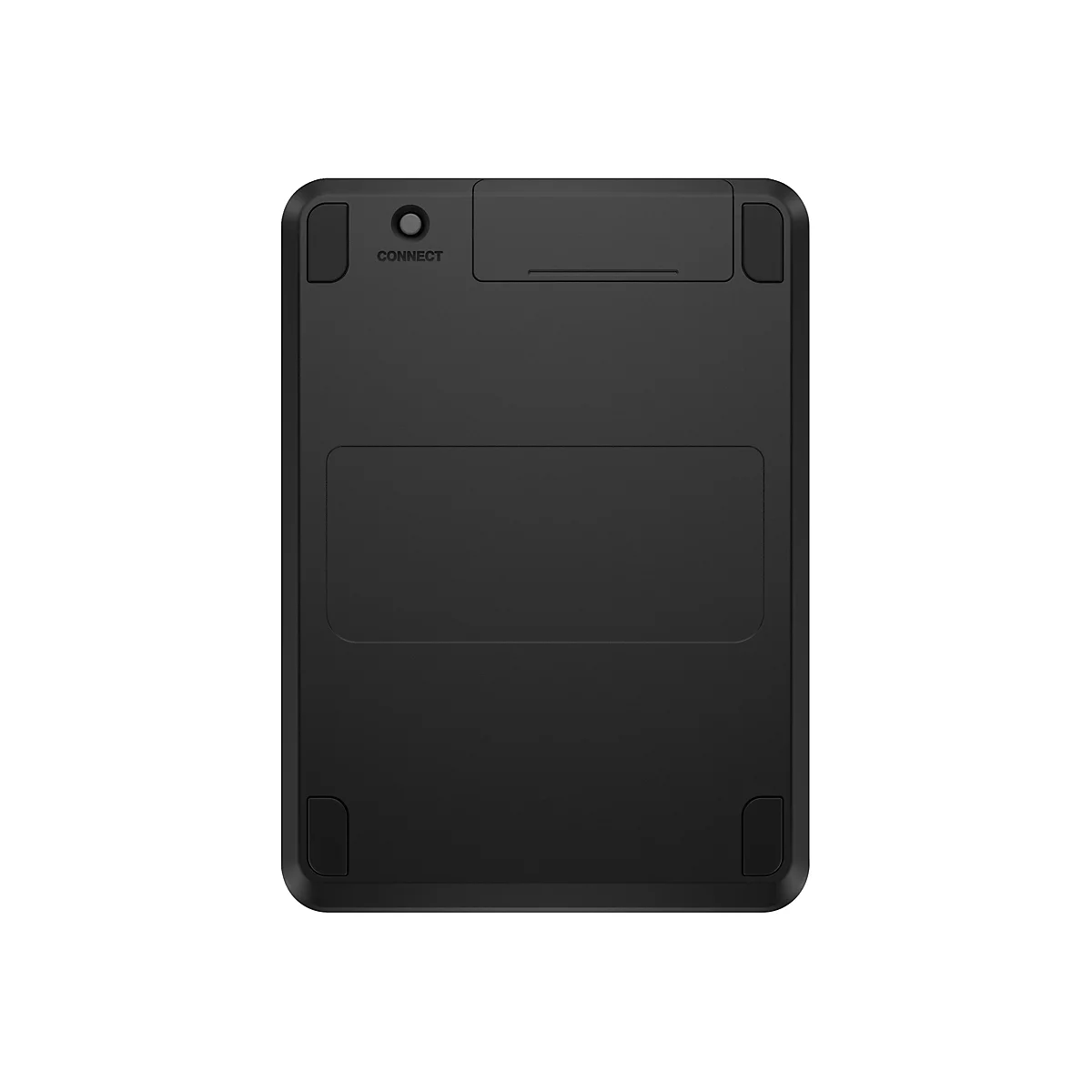 Schwarze Unterseite einer rechteckigen Tastatur mit Connect-Taste und Gummifüßen.