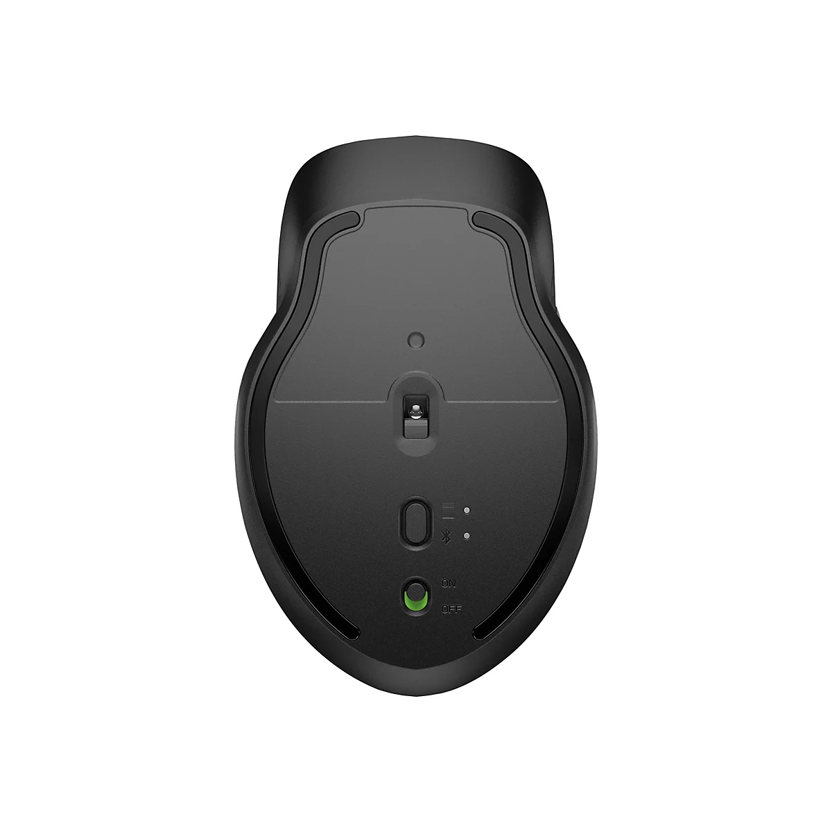 Draufsicht auf eine schwarze kabellose Computermaus. Auf der Unterseite befinden sich der Ein-/Ausschalter, eine grüne LED und andere Bedienelemente.