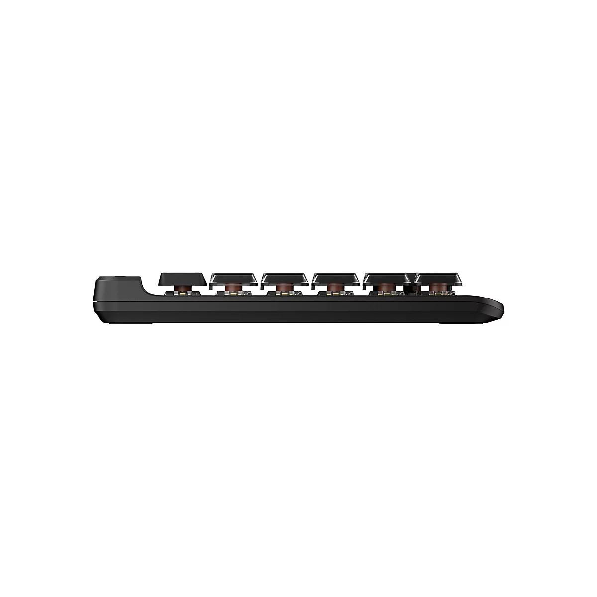 Seitliche Ansicht einer flachen, schwarzen Gaming-Tastatur mit sichtbaren mechanischen Schaltern.