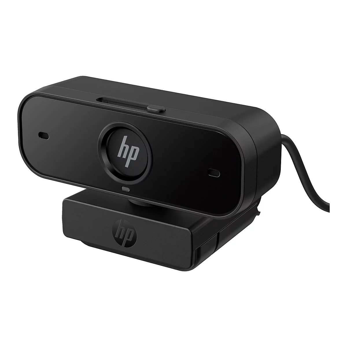 Schwarze HP Webcam mit HP Logo. Sie steht auf einem separaten Sockel, mit einem Kabel verbunden.