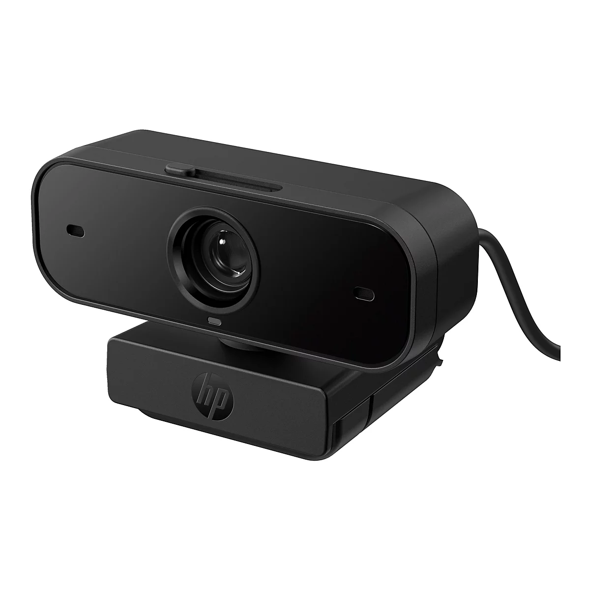 Schwarze HP Webcam mit zentralem Objektiv und Privacy-Slider auf einem Standfuß vor weißem Hintergrund.