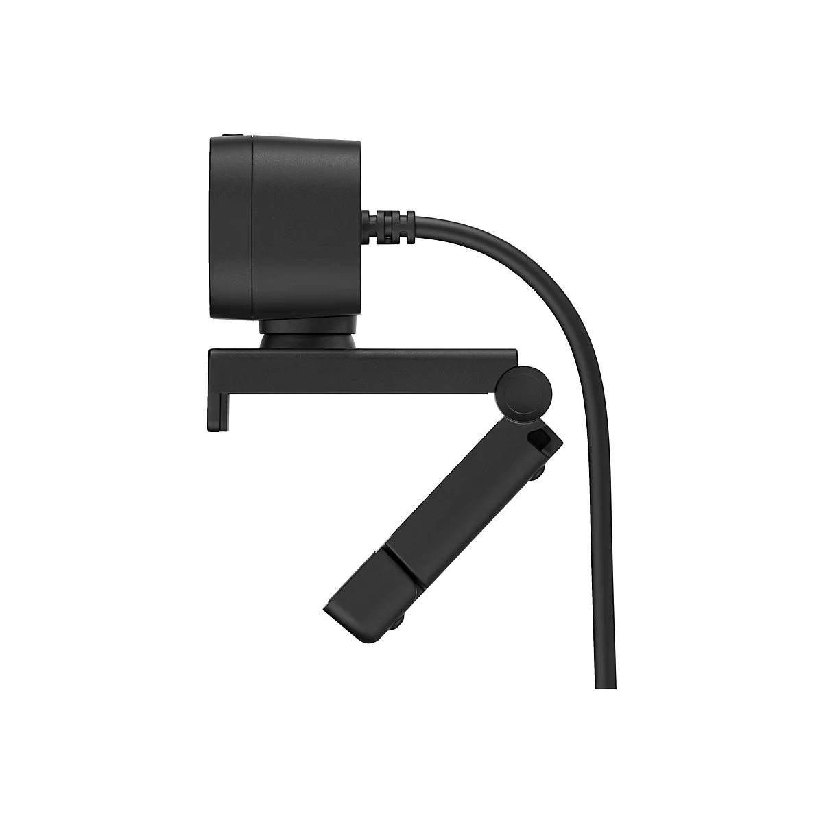 Schwarze Webcam, seitlich auf weißem Hintergrund. Der Webcam-Kopf ist quadratisch, mit einem Kabel verbunden. Die Halterung ist ebenfalls schwarz und dient zur Befestigung.