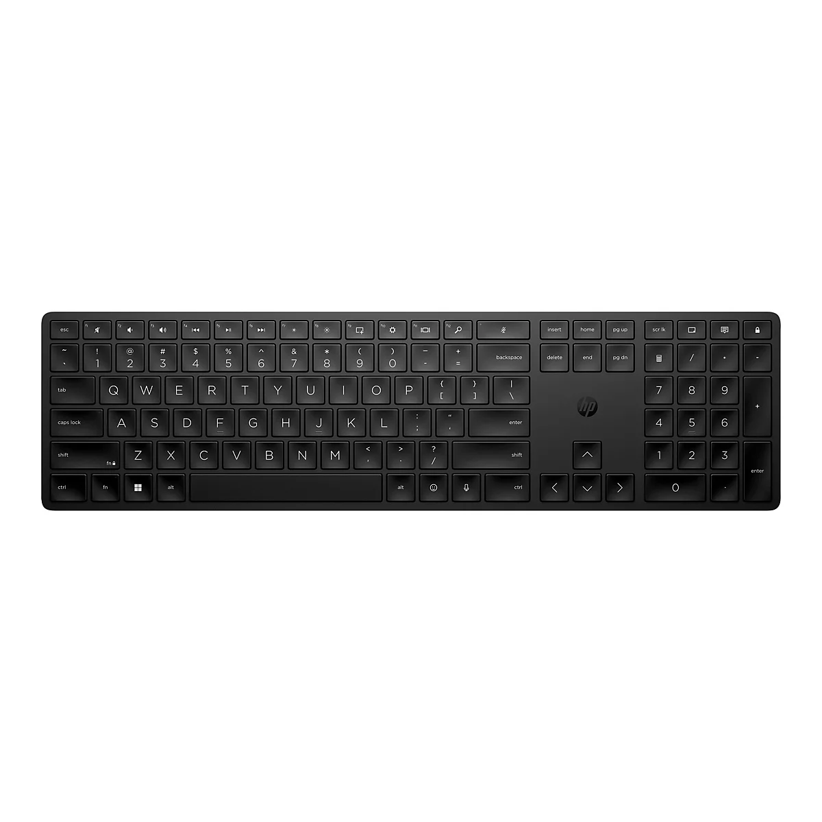 Schwarze HP-Tastatur mit weißen Beschriftungen auf den Tasten vor weißem Hintergrund.