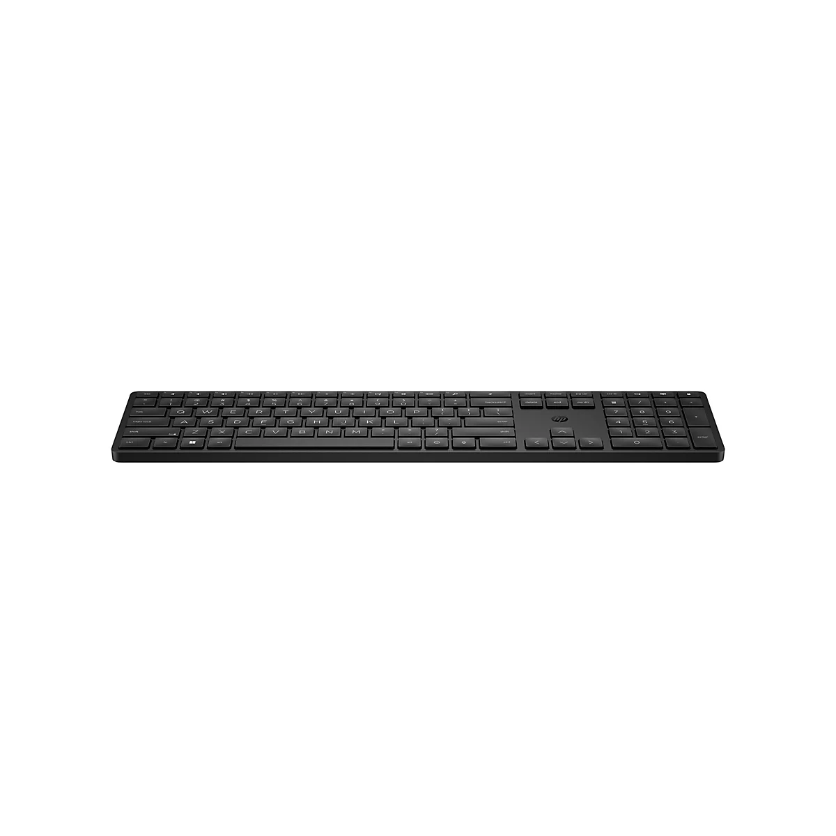 Schwarze HP-Tastatur, draufsicht, vor weißem Hintergrund. Die Tastatur hat eine vollständige Anordnung von Buchstaben-, Zahlen- und Funktionstasten.