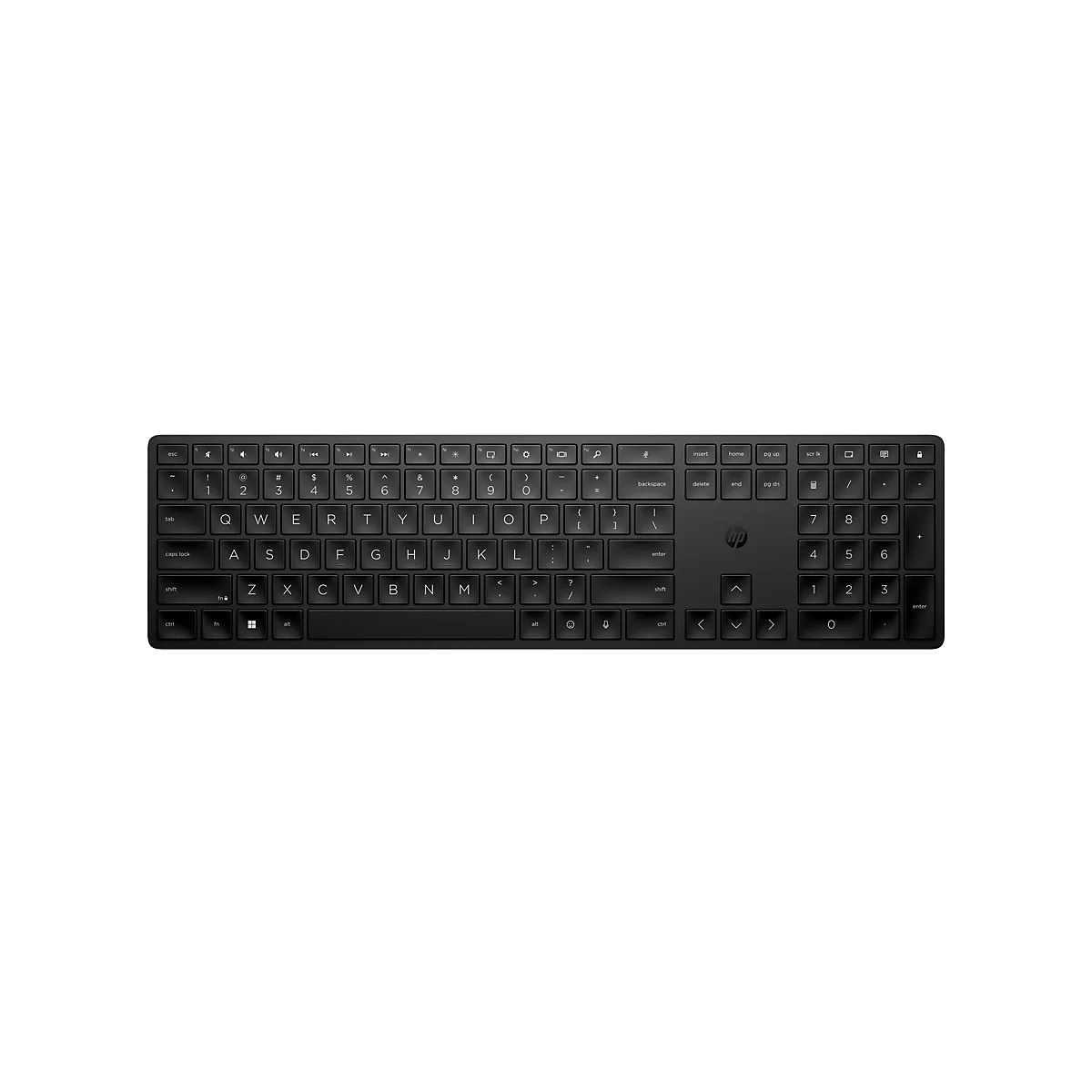 Schwarze HP-Tastatur, von oben fotografiert, mit weißen Buchstaben auf den Tasten. Hintergrund ist weiß.