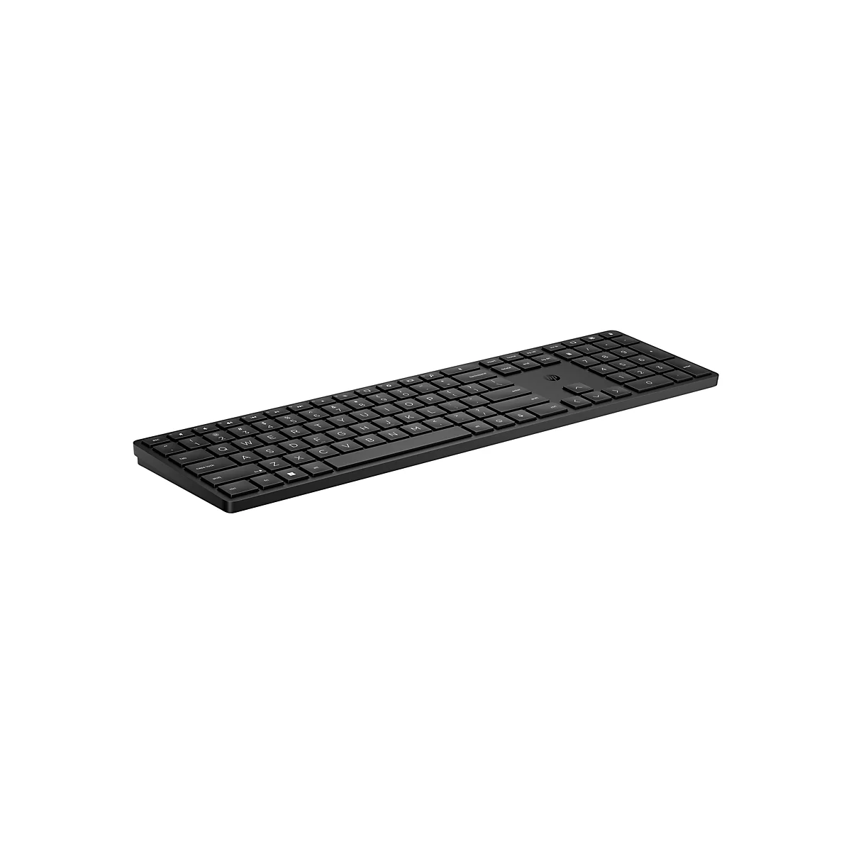 Schwarze kabellose HP-Tastatur in isometrischer Ansicht vor weißem Hintergrund.