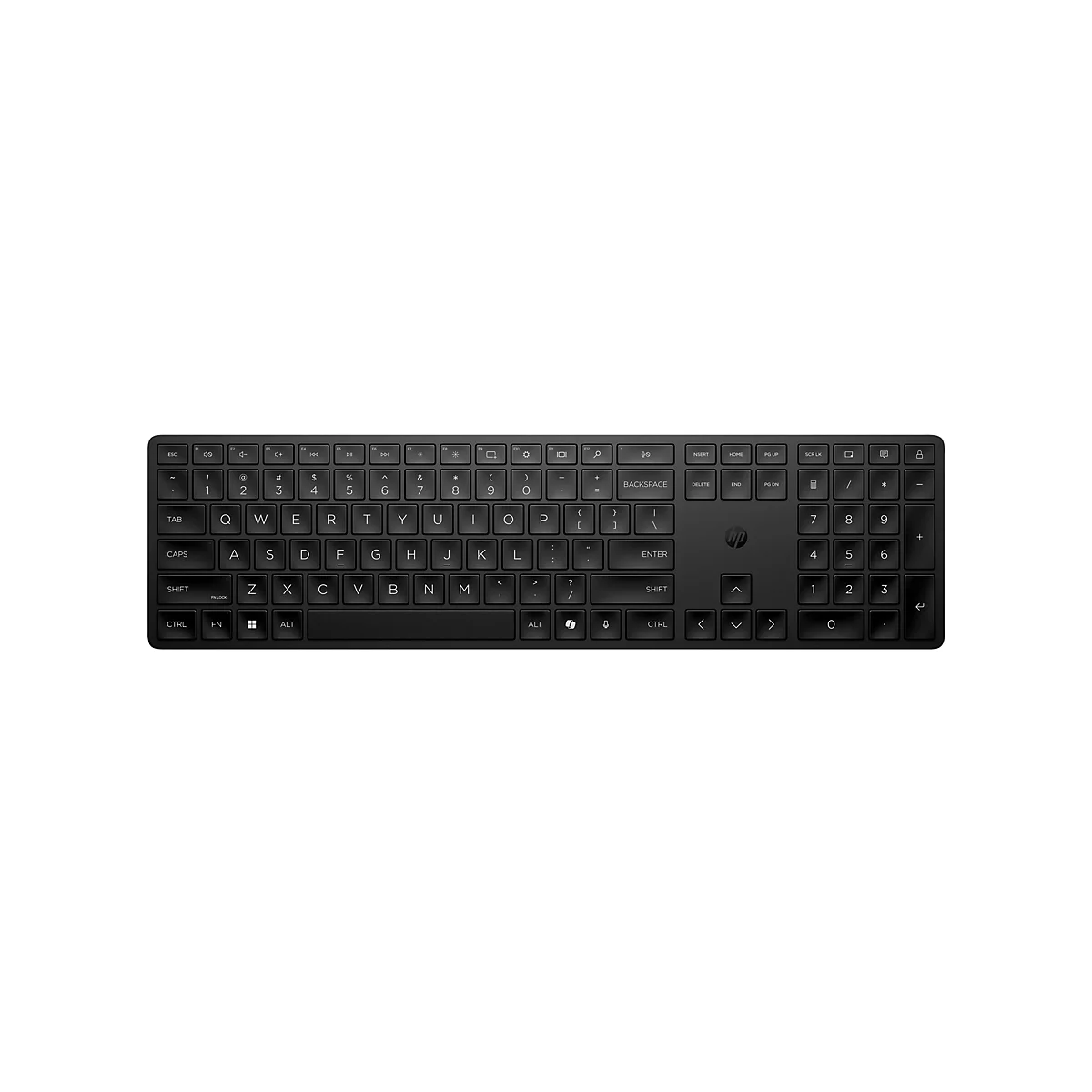 Schwarze HP Tastatur mit QWERTY-Layout und Nummernblock vor weißem Hintergrund.