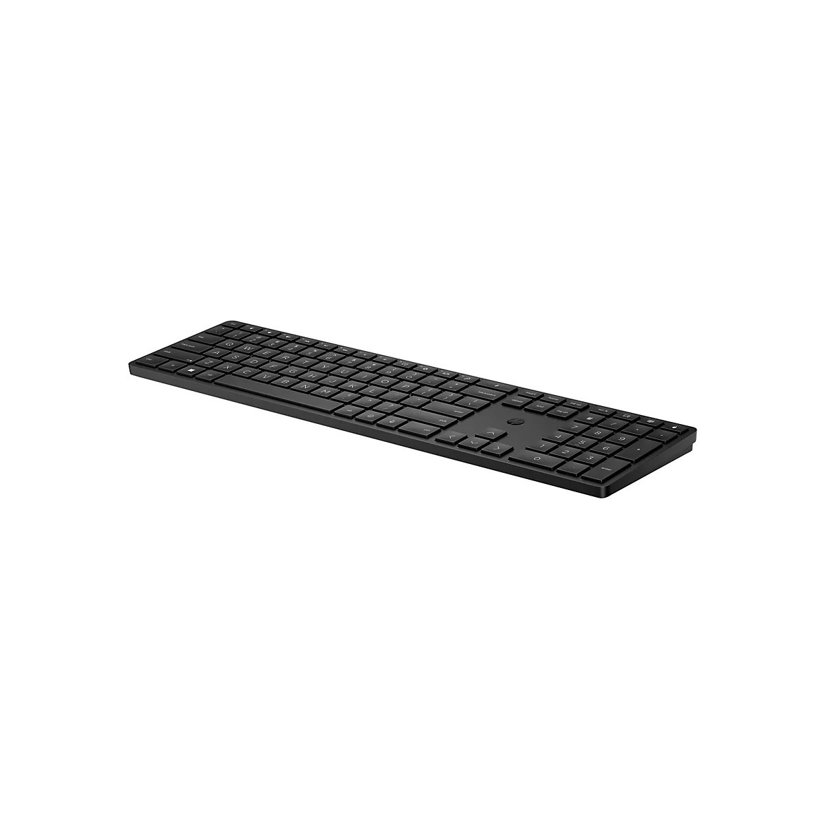Schwarze kabellose HP-Tastatur in flacher Bauweise vor weißem Hintergrund.
