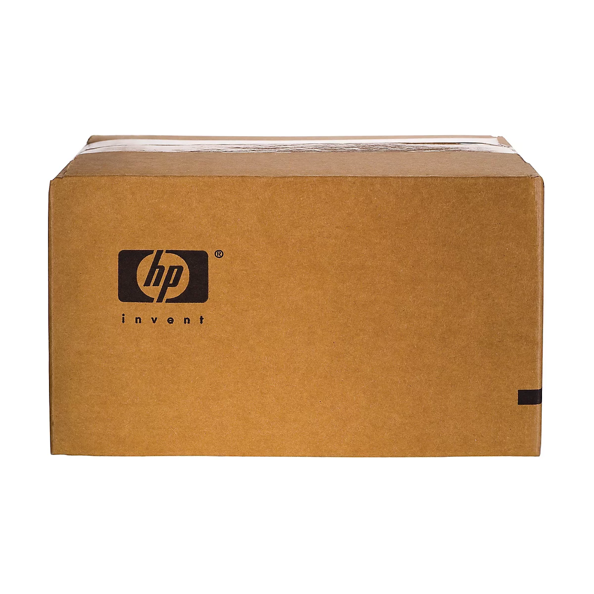Braune HP-Verpackung auf weißem Hintergrund. Auf der Box befindet sich das HP-Logo und der Schriftzug "invent".