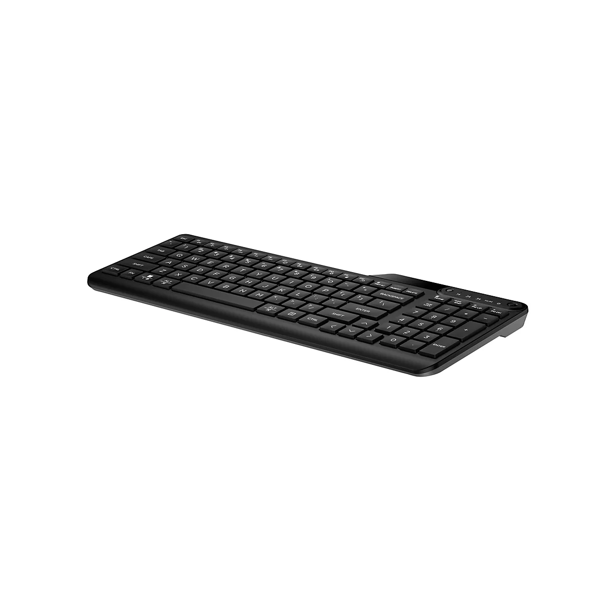 Schwarze, kompakte kabellose Tastatur in perspektivischer Ansicht vor weißem Hintergrund.
